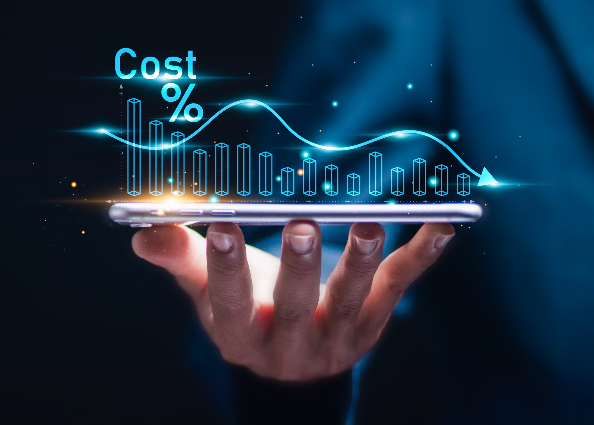 the word cost over a hand holding a device