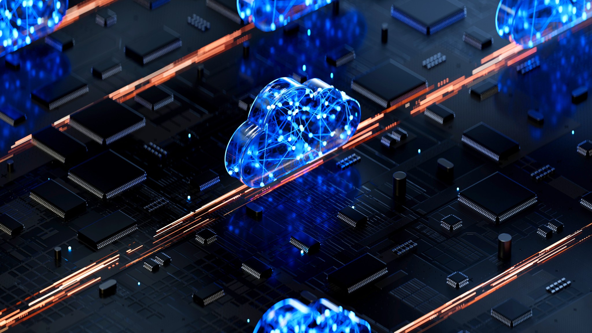 Cloud shape on circuit board symbolizes cloud computing technology